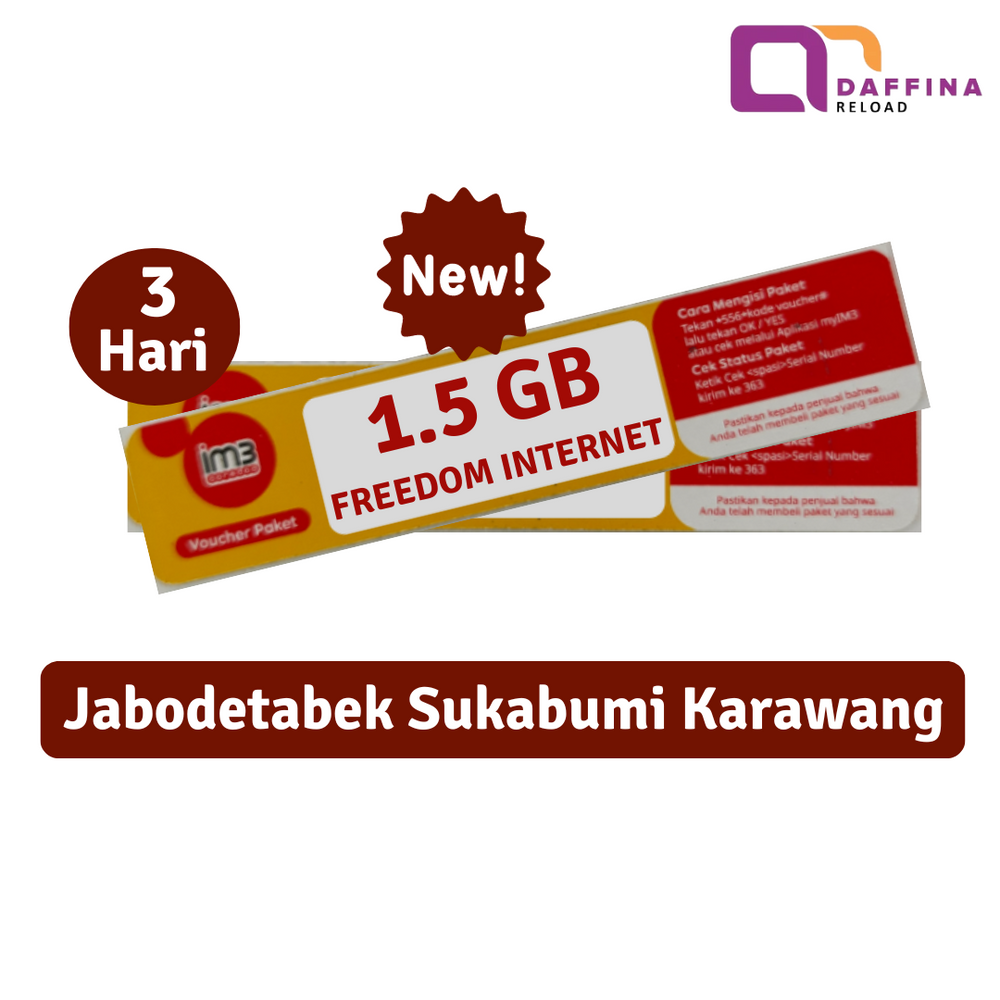 
            
                Muat gambar ke penampil Galeri, Voucher Indosat Freedom Internet 1.5 GB 3 Hari (Jabodetabek) - Daffina Store
            
        