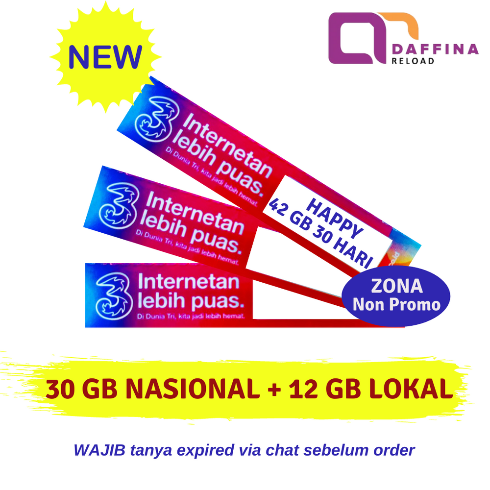 Voucher Tri Happy 42 GB NEW (30 GB Nasional + 12 GB Lokal) - Daffina Store