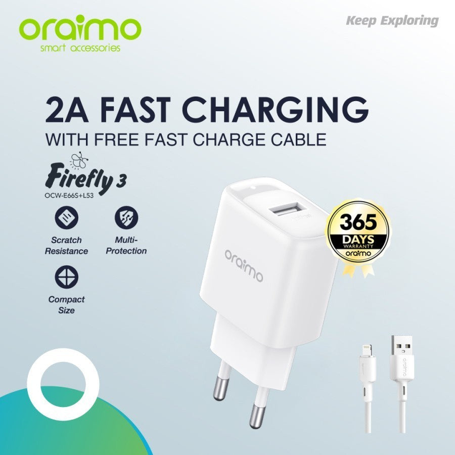 Oraimo OCWE66S+L53 Fast Charger 2A With Lightning 1pc