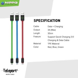 Hippo Teleport 2 Kabel Data Micro Usb 30cm Quick Charging 1Pcs - Daffina Store