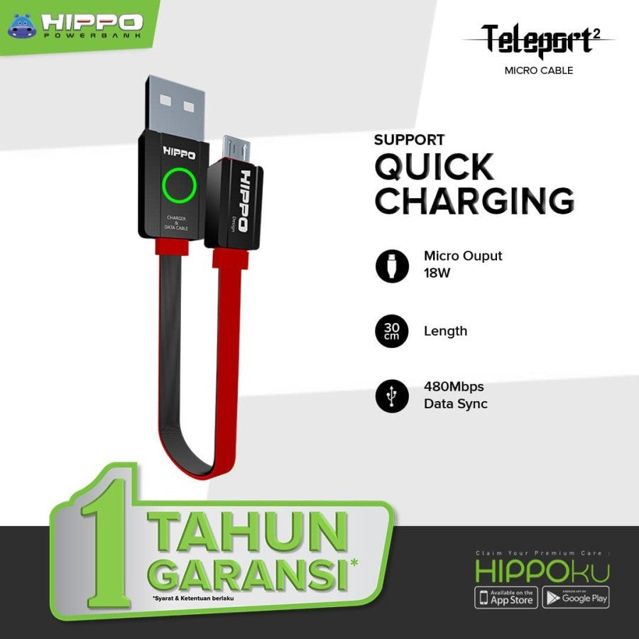Hippo Teleport 2 Kabel Data Micro Usb 30cm Quick Charging 1Pcs - Daffina Store