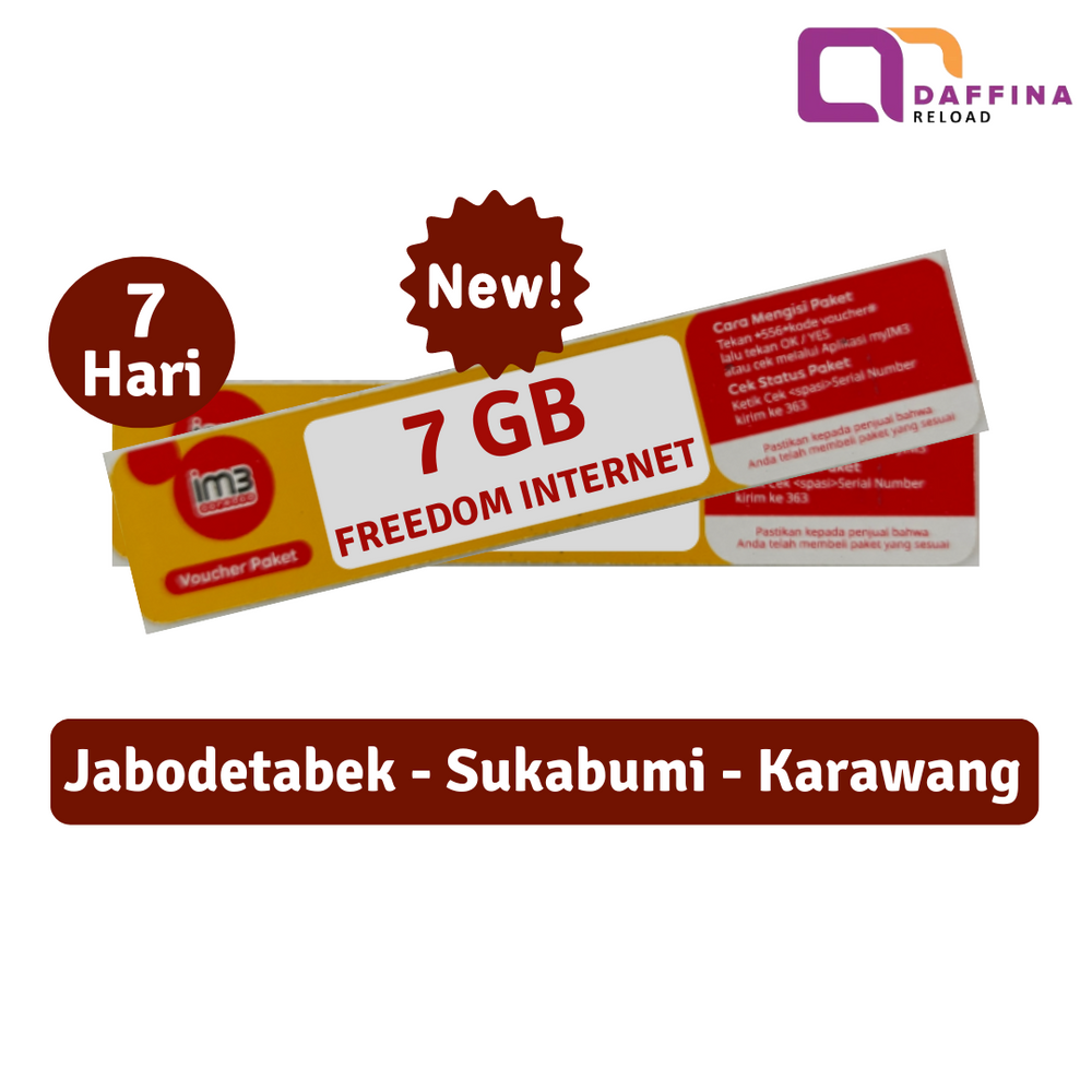 
            
                Muat gambar ke penampil Galeri, Voucher Indosat Freedom Internet 7 GB 7 Hari (Jabodetabek) - Daffina Store
            
        