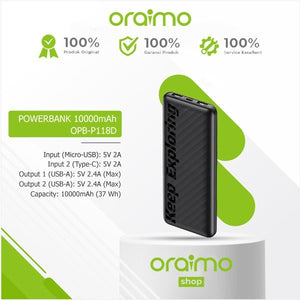 
            
                Muat gambar ke penampil Galeri, Oraimo OPB-P118D Powerbank 10.000mAh Toast 10 Lite Led Torch Dual USB - Daffina Store
            
        