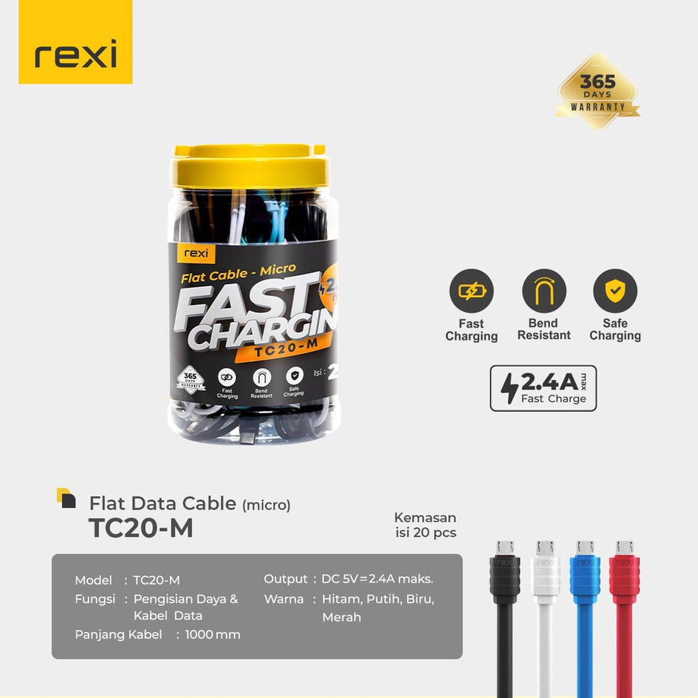 Rexi TC20M Cable Data Micro Flat 2,4A Fast Charging isi 20 Pcs