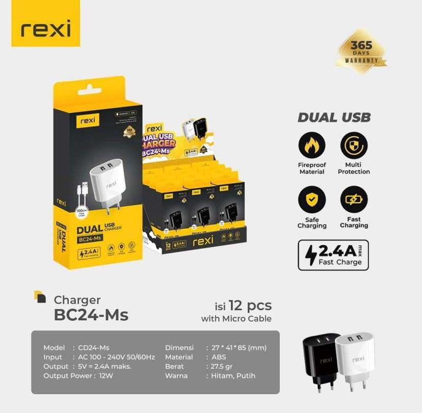 Rexi BC24Ms 2.4A Dual Output With Micro Cable 1pcs - Daffina Store