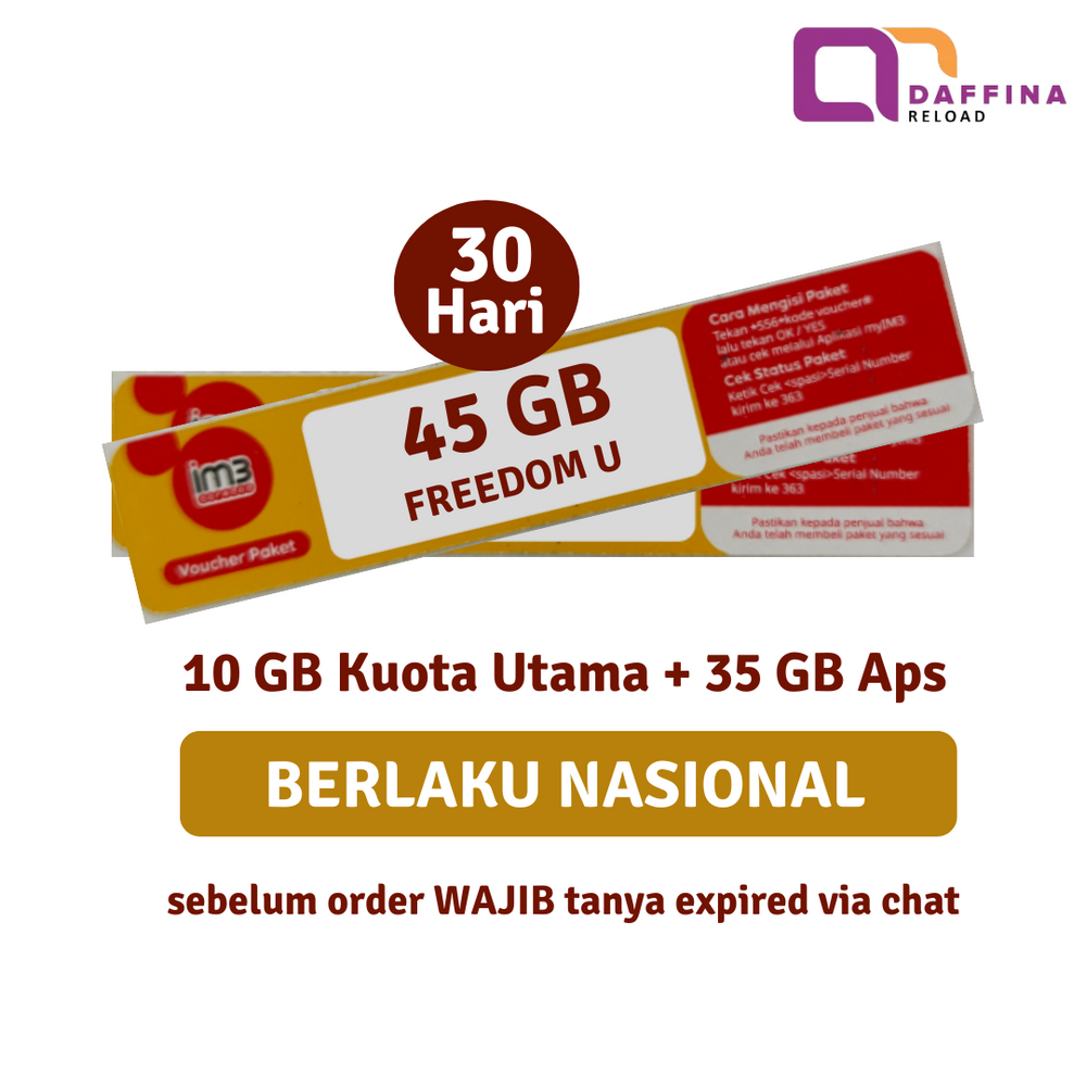 Voucher Indosat Freedom U 45 GB (10GB + 35GB Apss) - Jabodetabek - Daffina Store