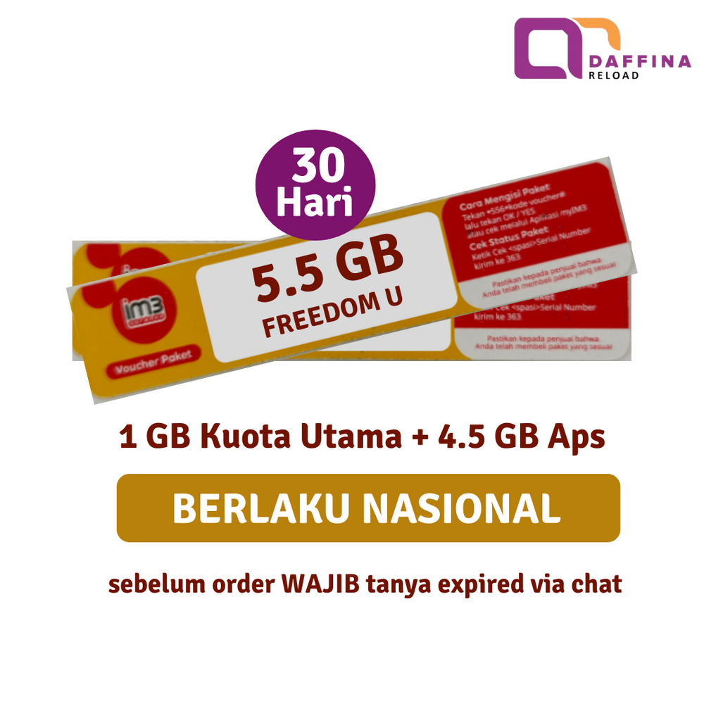 Voucher Indosat Freedom U 5.5 GB (1GB + 4.5GB Apps) - Khusus SUBAGSEL - Daffina Store