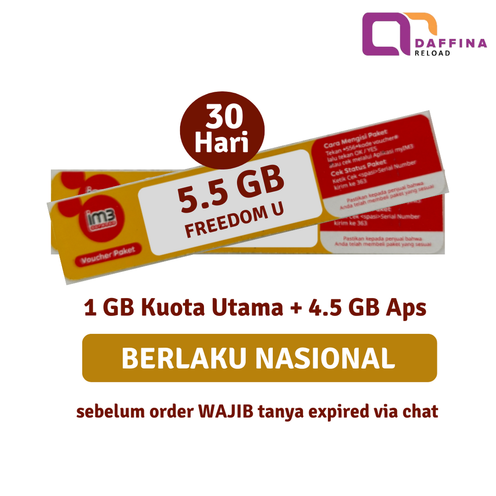 Voucher Indosat Freedom U 5.5 GB (1GB + 4.5GB Apps) - Jabodetabek - Daffina Store