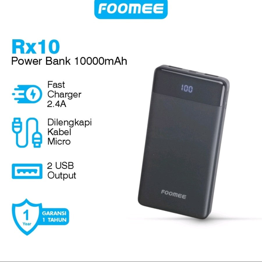 Foomee RX10 Power Bank 10000mAh Digital Display 2 Output Original - Daffina Store