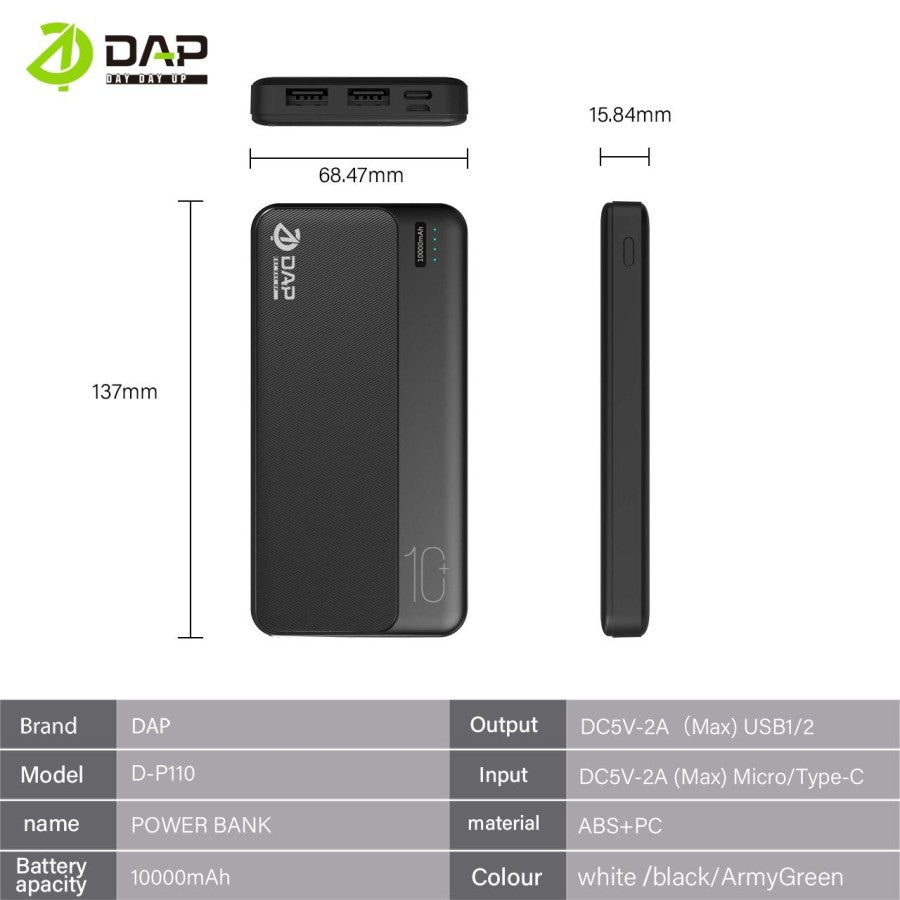 DAP D-P110 Power Bank 10.000Mah 2A Dual USB Ports Original - Daffina Store