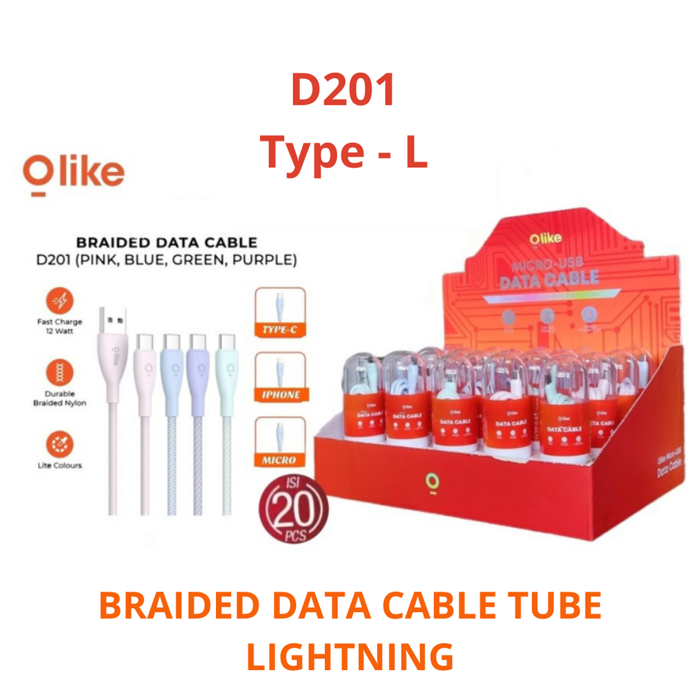 Olike D201L Data Cable Bulat Tube Liightning Fast Charge 12 Watt 1 Pc - Daffina Store